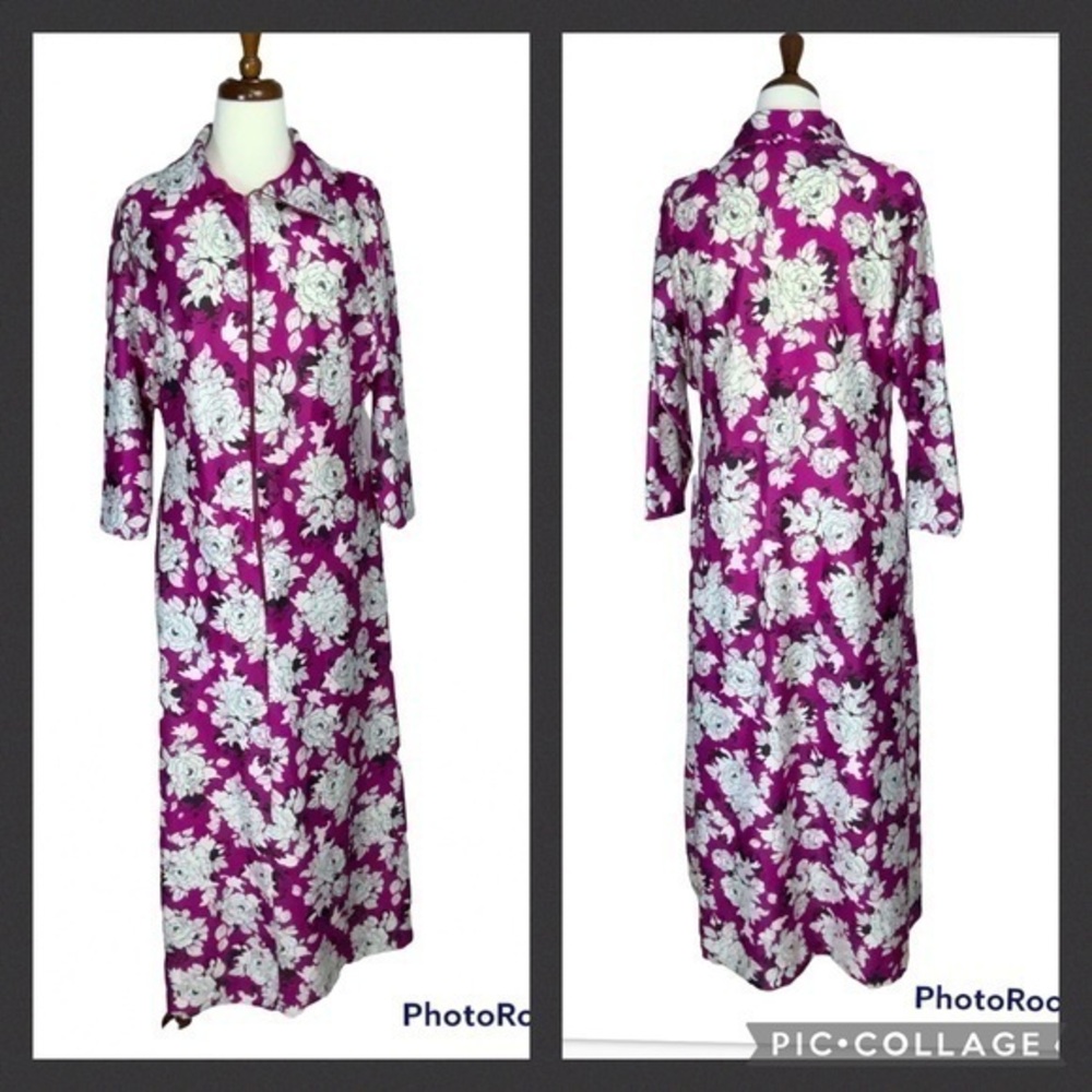 Granada Fushcia & White Floral Zip Front Maxi House Dress Med